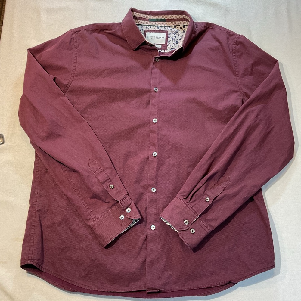 Denim‎ & Flower Maroon Shirt with Floral Collar